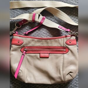 Coach Spring Leather Crossbody - Tan And Coral+Pink